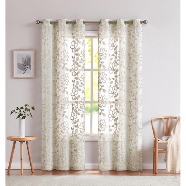 Palacedesigns 84 in. Tan Floral Embroidered Window Panels, Linen - Set of 2 PA3101429 - main